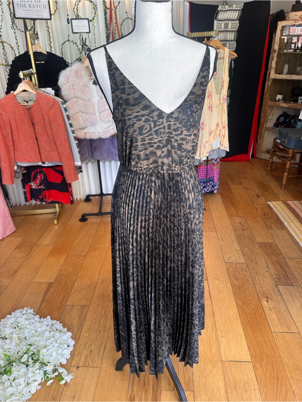 AllSaints Evia Leopard Pleated Slip Dress